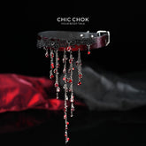 CHICCHOK "Scarlet Aria" Vampire Lace Choker | Genuine Leather & Crystal Teardrop Collar | Dark Gothic Theatrical Neckwear