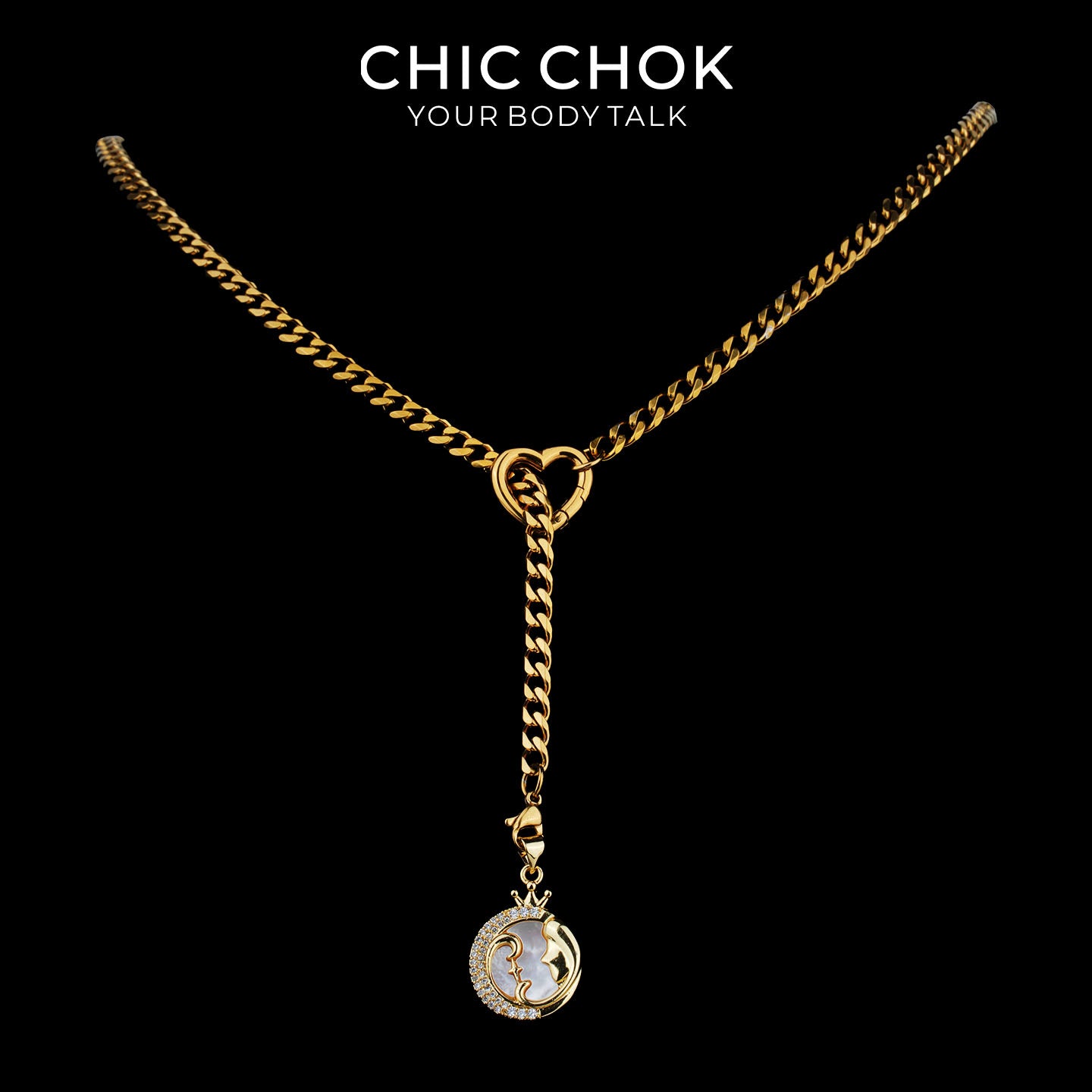 Collier cravate en Y Whispering Selene CHICCHOK | Chaîne dorée à maillons cubains en acier inoxydable avec cœur | Pendentif lune astrologique en nacre et strass décliné en 12 signes du zodiaque