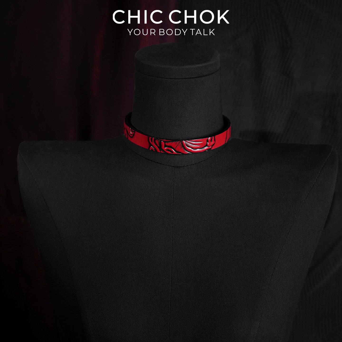 CHICCHOK Crimson Thorn Vine Genuine Leather Choker | Gothic Retro Red & Black Patterned Collar | Luxury Minimalist Cyber Goth Plain Band