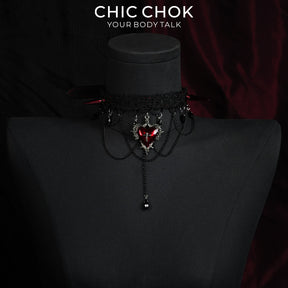 CHICCHOK Black and Red Lace Spiked Collar | Top-Grain Calfskin Cross-Shaped Pendant | Vampire Gothic Lace Necklace