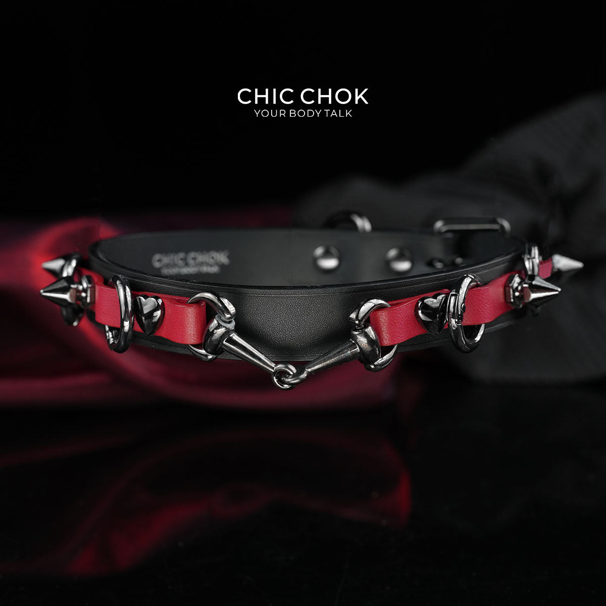 CHICCHOK [Mysterious Queen] Red&Black Spikes Stylish Leather Choker