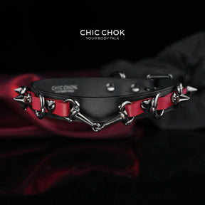 CHICCHOK [Mysterious Queen] Red&Black Spikes Stylish Leather Choker