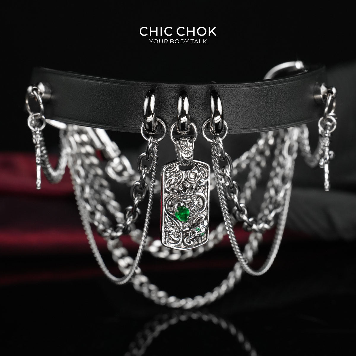CHICCHOK Emerald Night Ritual Leather Choker | Gothic Layered Chain Stainless Steel Collar | Ornate Emerald Amulet Vampire Grunge Jewelry