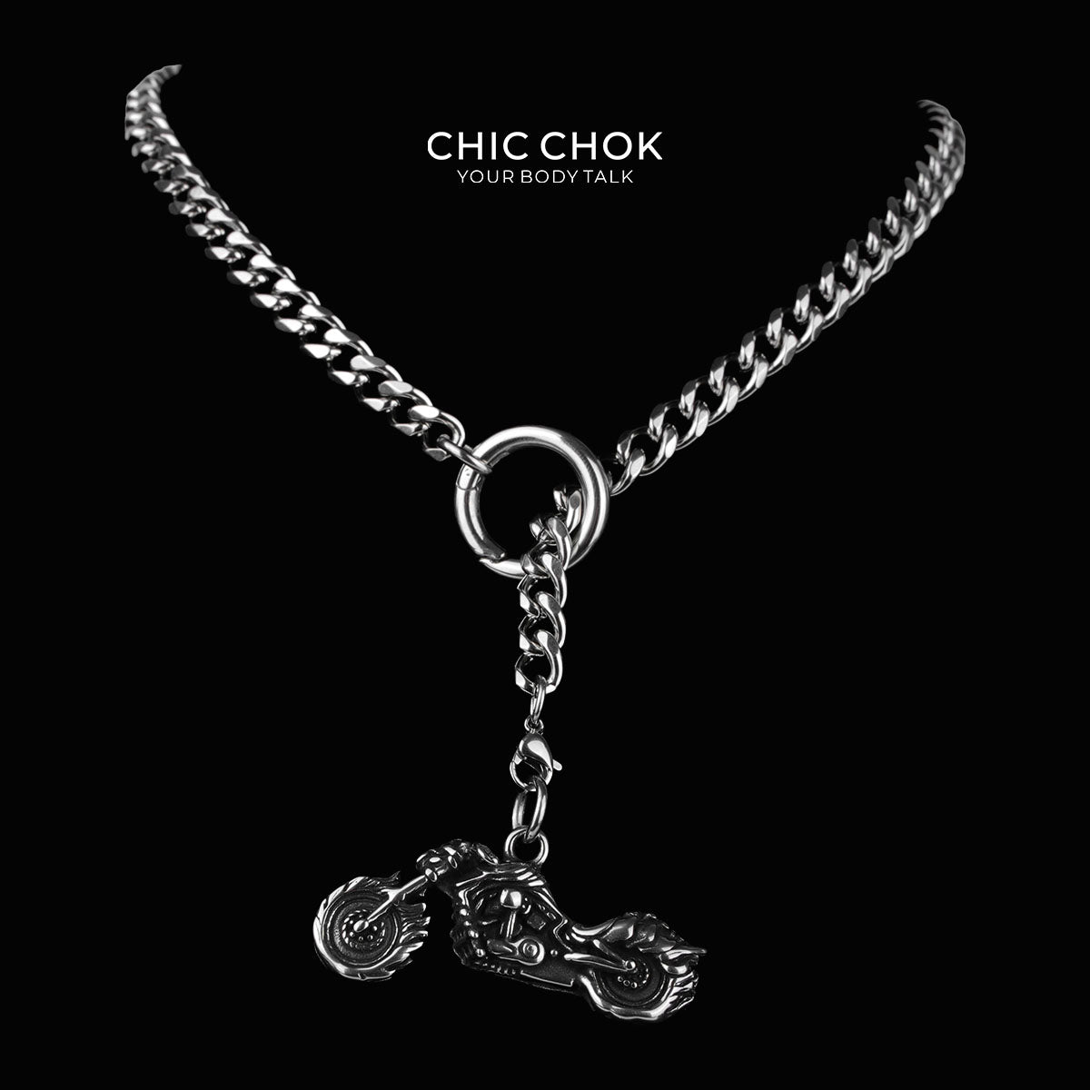 Collar de cadena CHICCHOK con lazo en Y transgresor | Collar gótico de eslabones cubanos de acero inoxidable