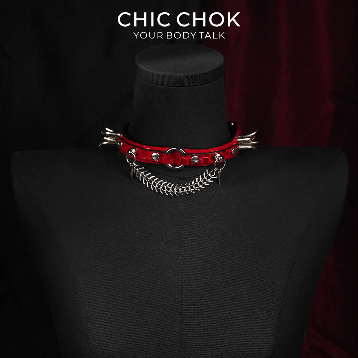 CHICCHOK Crimson Croc | Bone Kiss Spiked Choker | Crocodile Embossed Leather Fishbone Necklace