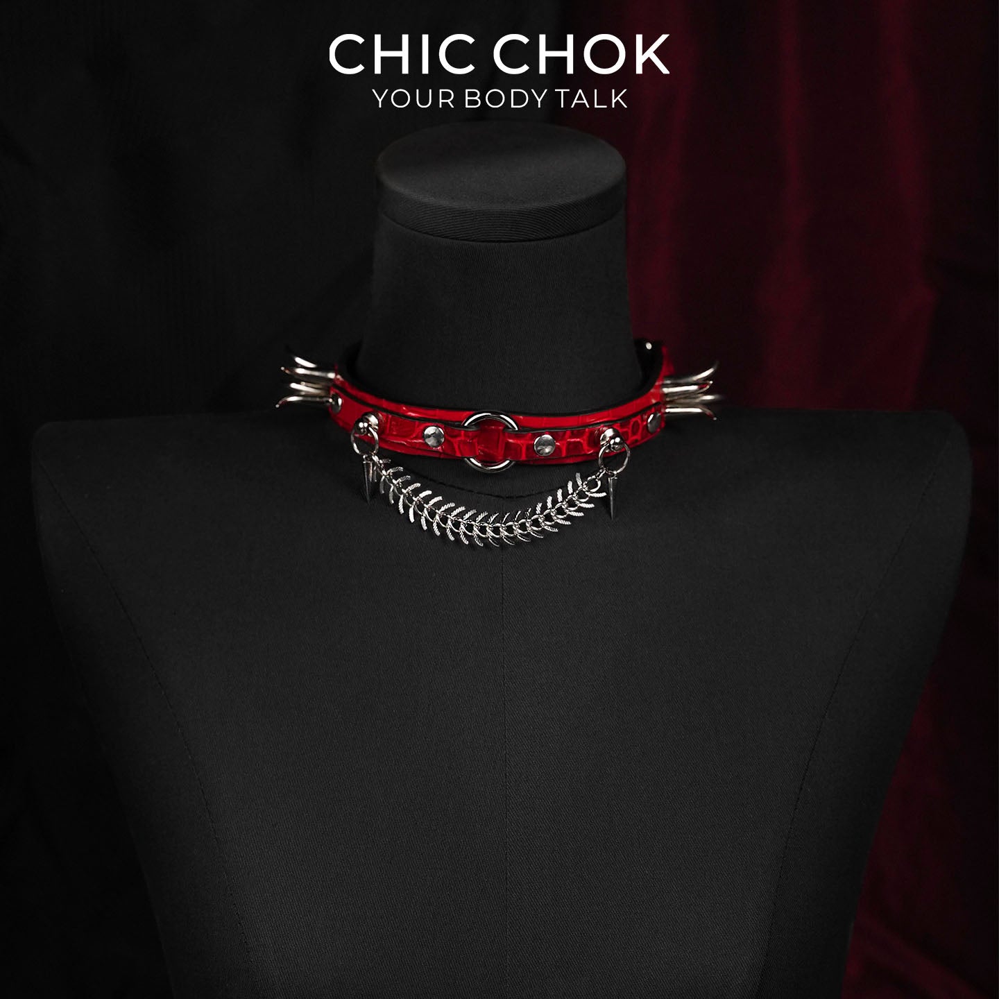 CHICCHOK Crimson Croc | Bone Kiss Spiked Choker | Crocodile Embossed Leather Fishbone Necklace