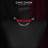 CHICCHOK Crimson Croc | Bone Kiss Spiked Choker | Crocodile Embossed Leather Fishbone Necklace