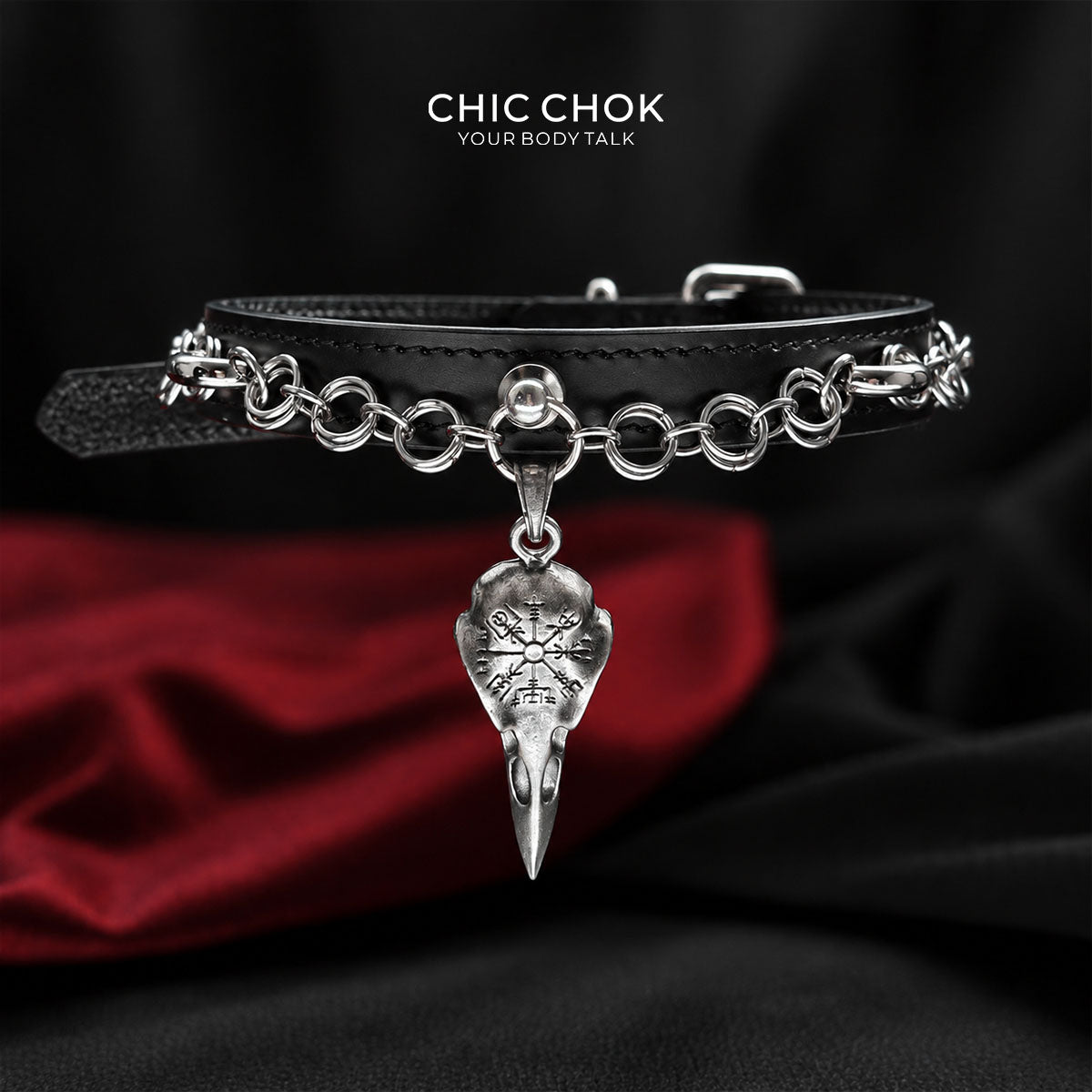 CHICCHOK Raven Messenger | Gothic-Rabenschädel-Kragen | Matter schwarzer Lederkragen
