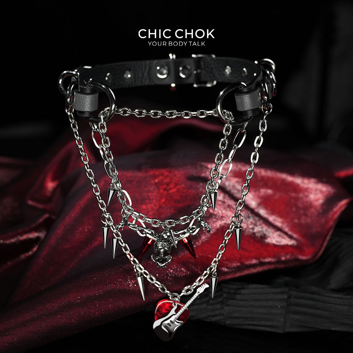 CHICCHOK Crimson Requiem: Heavy Metal Festival Choker with Guitar & Skull Charms