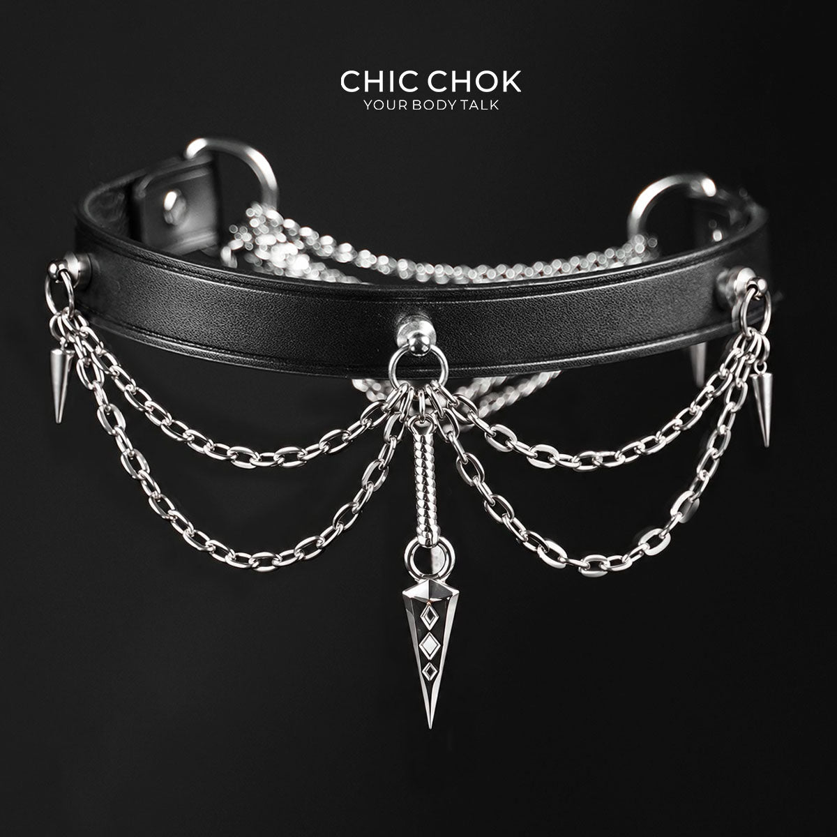 CHICCHOK "Dual Arrow Order" Leather Spike Choker | 360-Degree Dagger Pendant Drop Chain | Gothic Punk Subculture Neckwear