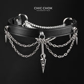 CHICCHOK "Dual Arrow Order" Leather Spike Choker | 360-Degree Dagger Pendant Drop Chain | Gothic Punk Subculture Neckwear
