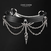 CHICCHOK "Dual Arrow Order" Leather Spike Choker | 360-Degree Dagger Pendant Drop Chain | Gothic Punk Subculture Neckwear