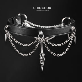 CHICCHOK "Dual Arrow Order" Leather Spike Choker | 360-Degree Dagger Pendant Drop Chain | Gothic Punk Subculture Neckwear