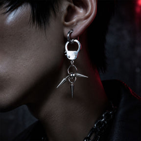 CHICCHOK Imprisoned Cone Shadow Single Earring | Gothic Stainless Steel Handcuff Drop Ear Loop | Subversive Y2K Industrial Punk Spike Tassel Piercing Jewelry for Sensitive Ears
