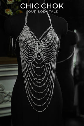 CHICCHOK Tidal Mesh Body Chain Armor | Handcrafted Silver Cuban Link Harness | Gothic Subversive Grunge Beachwear Festival Jewelry