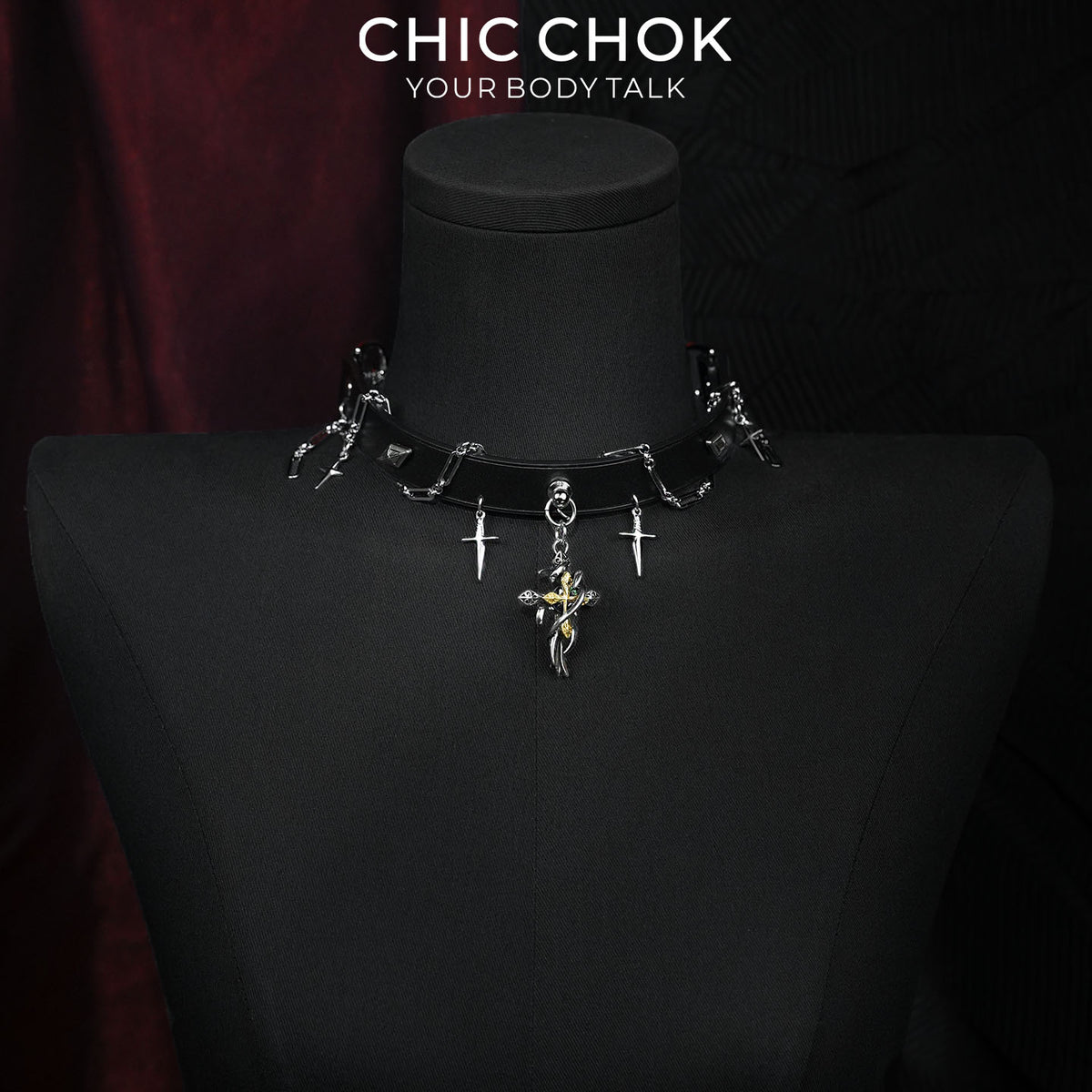CHICCHOK Cloister Sunset Genuine Leather Choker | Gothic Thorn Cross Pendant Collar | Luxury Baroque Dagger Subversive Techwear Jewelry
