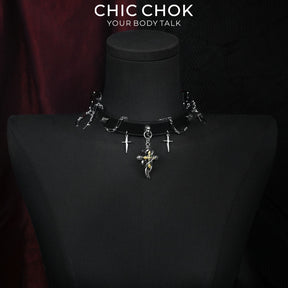 CHICCHOK Cloister Sunset Genuine Leather Choker | Gothic Thorn Cross Pendant Collar | Luxury Baroque Dagger Subversive Techwear Jewelry