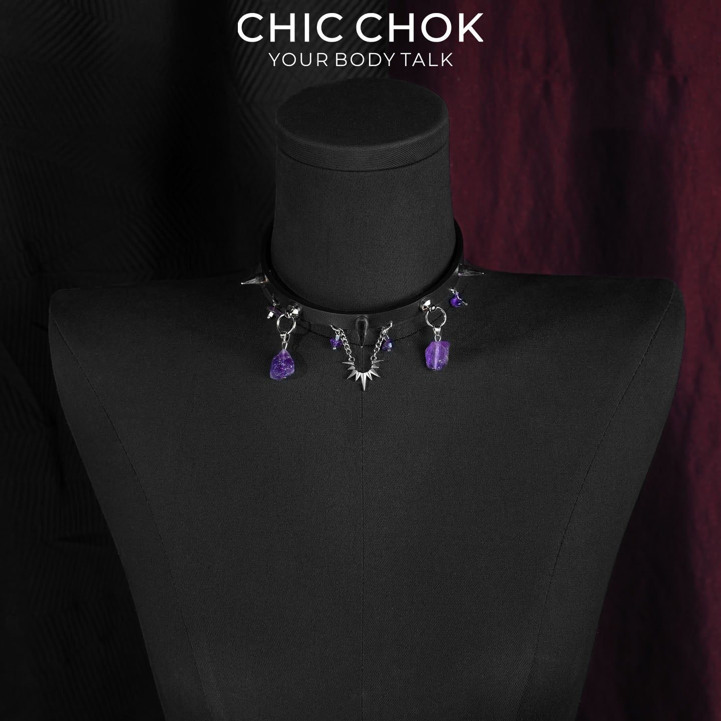 CHICCHOK Phantom Crystal Shackle Slim Choker | Gothic Amethyst Spike Leather Collar | Luxury Witchcore Punk Subversive Body Armor