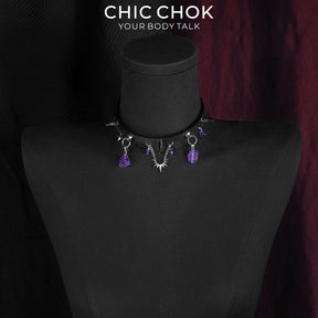CHICCHOK Phantom Crystal Shackle Slim Choker | Gothic Amethyst Spike Leather Collar | Luxury Witchcore Punk Subversive Body Armor