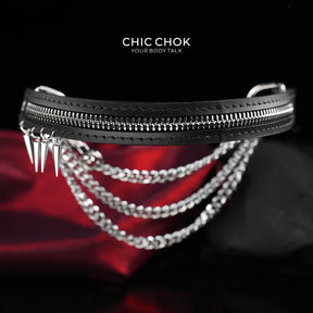 CHICCHOK "Deconstructed Seal" Zipper Embedded Leather Choker | Heavy Metal Spikes & Layered Chains | Dark Punk Y2K Neckwear