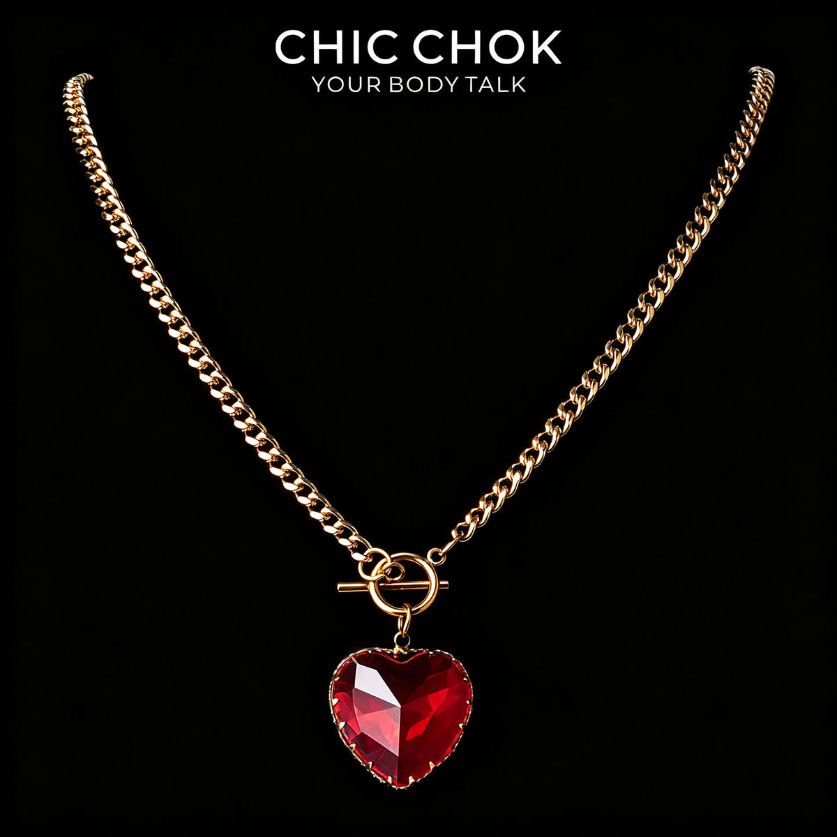 CHICCHOK 크림슨 하트 Y-래리어트 목걸이 | 골드 스테인레스 스틸 OT 토글 체인 | 다크 코케트 면 처리된 레진 하트 펜던트 주얼리