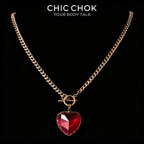 CHICCHOK Crimson Heart Y-Lariat Necklace | Gold Stainless Steel OT Toggle Chain | Dark Coquette Faceted Resin Heart Pendant Jewelry
