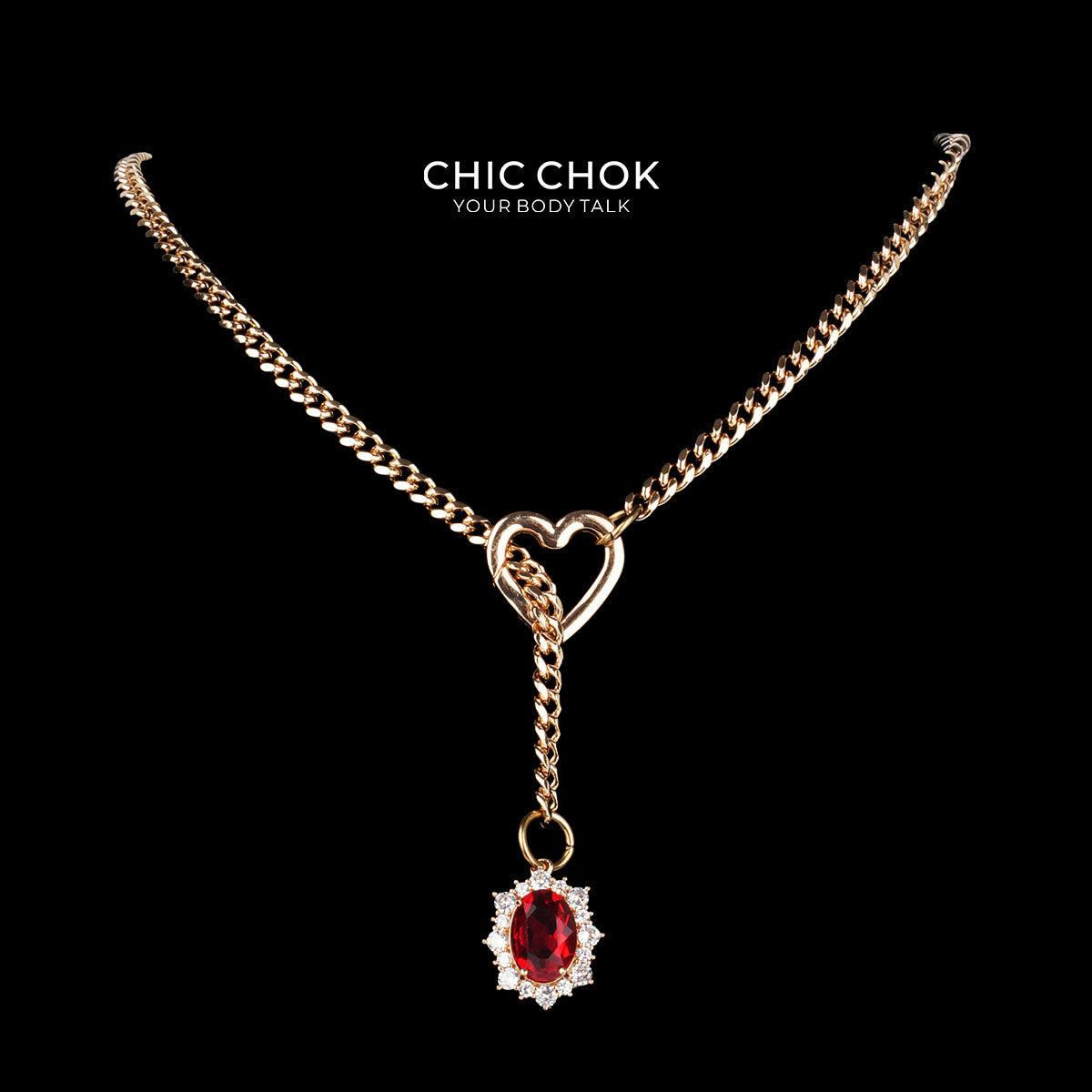 CHICCHOK Golden Silence | Layered Titanium Steel Y-Necklace | Red Crystal Heart Pendant