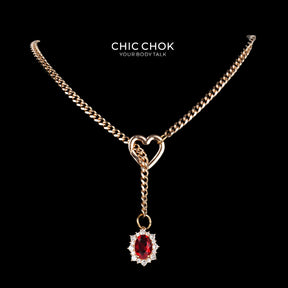 CHICCHOK Golden Silence | Layered Titanium Steel Y-Necklace | Red Crystal Heart Pendant