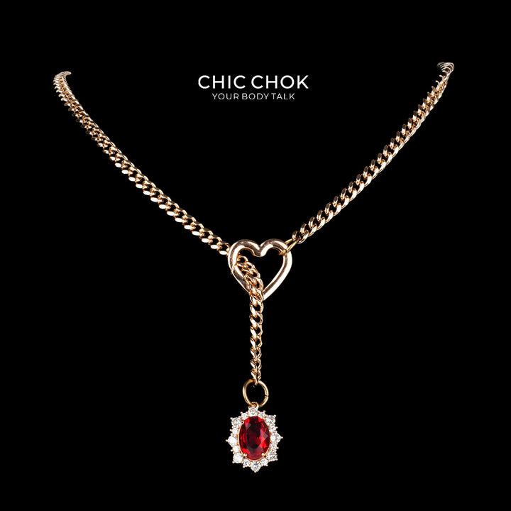 CHICCHOK Golden Silence | Layered Titanium Steel Y-Necklace | Red Crystal Heart Pendant