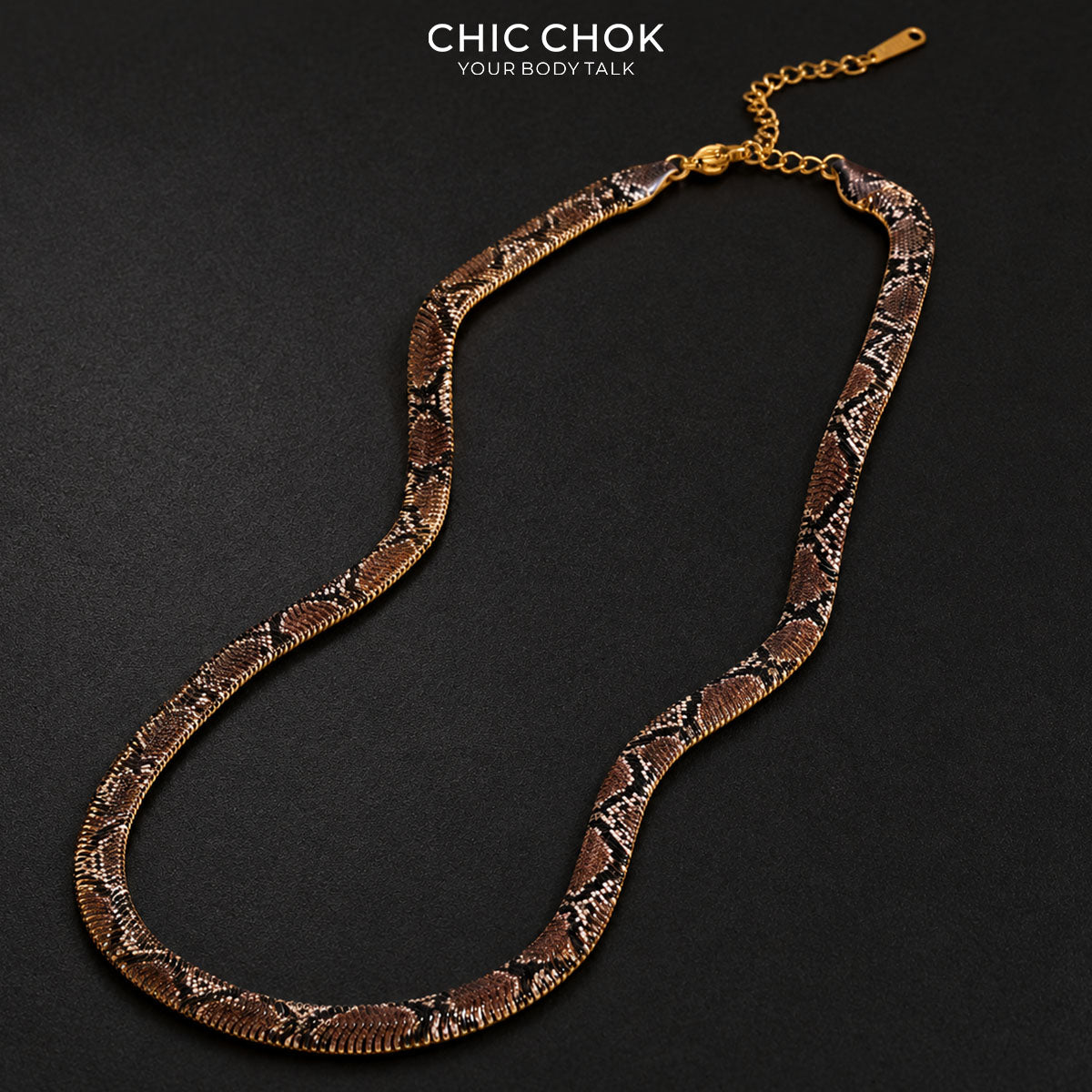 CHICCHOK Phantom Serpent 7mm Colorful Snake Print Flat Chain | Iron Electroplated Choker Necklace | Dark Luxury Animal Print Jewelry