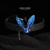 CHICCHOK Abyssal Phantom Rabbit Choker | Genuine Cowhide & Snakeskin Leather Collar | Iridescent Gothic Bunny Cyberpunk Neckwear