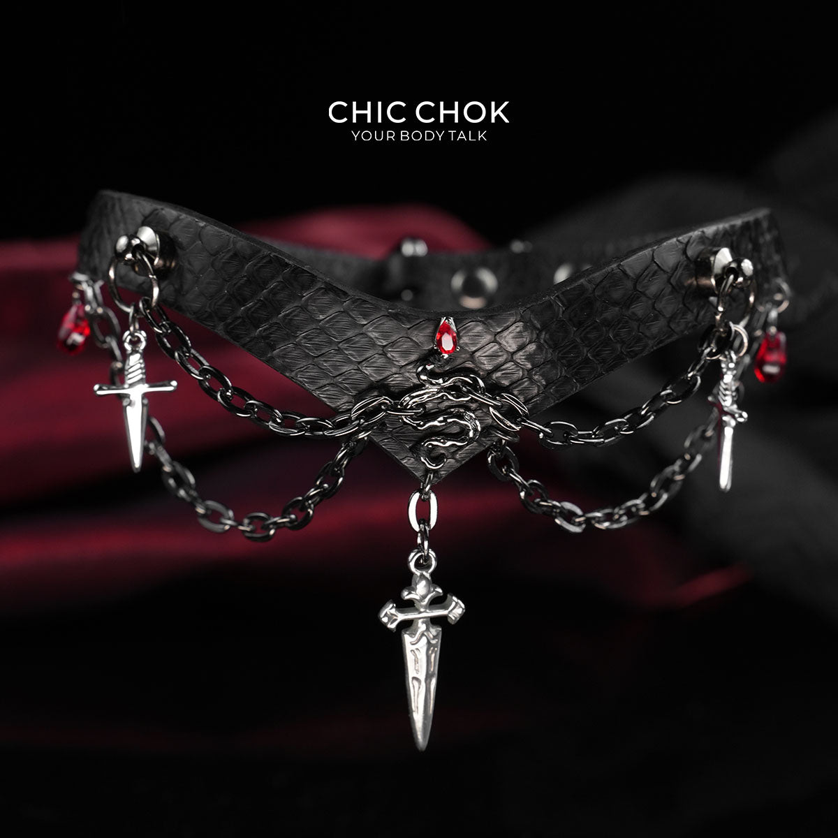 CHICCHOK "Serpent's Blood Oath" Python Leather Sword Choker | Dark Gothic V-Shape Collar | Subculture Rebellious Neckwear