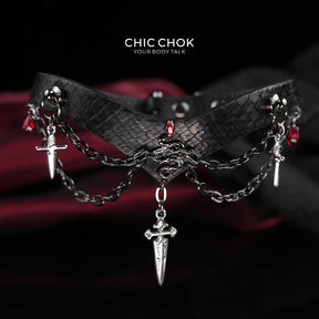 CHICCHOK "Serpent's Blood Oath" Python Leather Sword Choker | Dark Gothic V-Shape Collar | Subculture Rebellious Neckwear