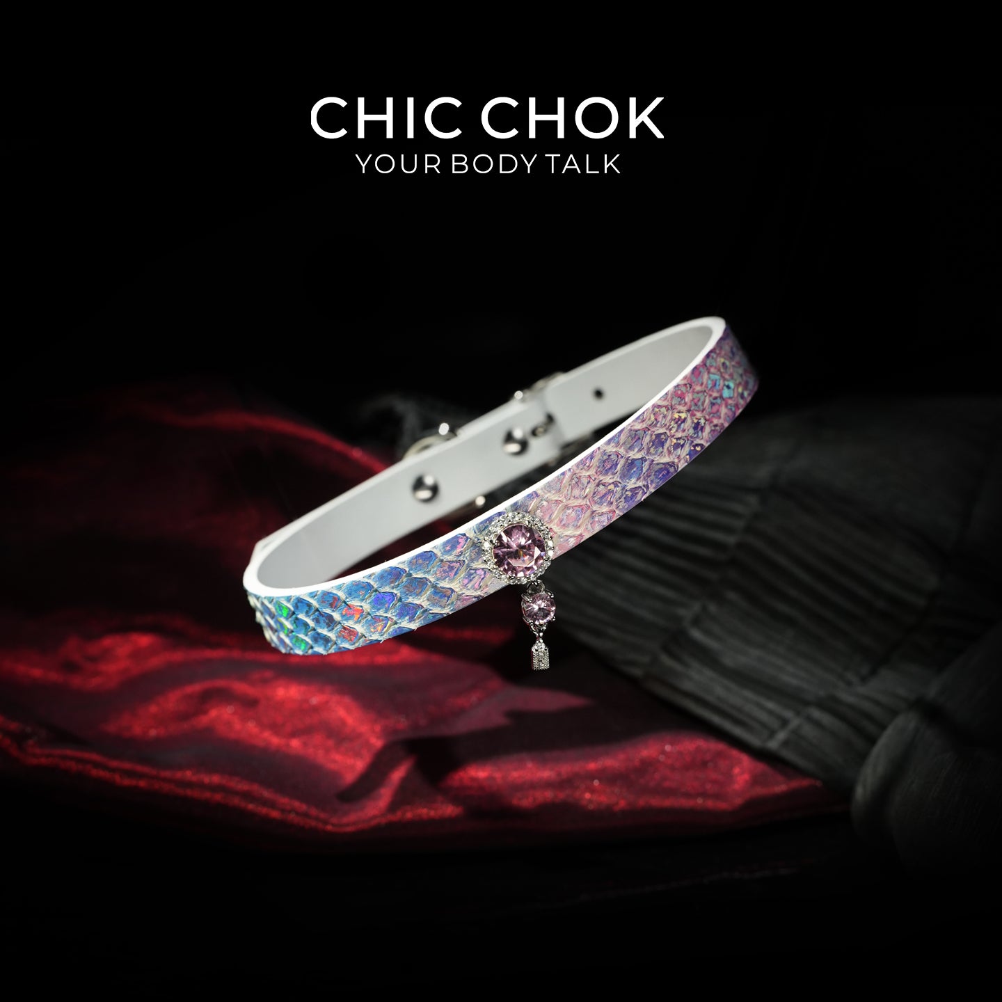 CHIC CHOK Rainbow Iridescent Snakeskin Necklace, Crystal Gemstone Pendant, Dazzling Python Skin Choker.