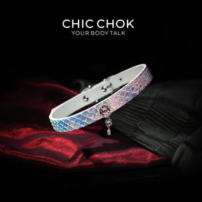 CHIC CHOK Rainbow Iridescent Snakeskin Necklace, Crystal Gemstone Pendant, Dazzling Python Skin Choker.