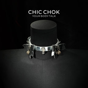 CHIC CHOK Silver Shell Butterfly Chrome Bow & Pearl-Soft Leather Collar Necklace