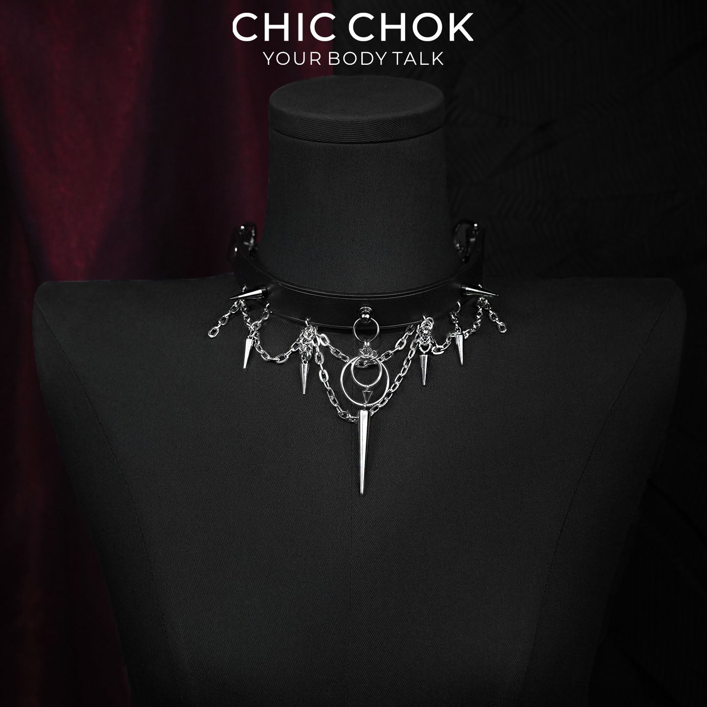 CHICCHOK Original "Thorns of Eclipse" Choker - Premium Full-Grain Leather & Stainless Steel Spiked Collar - Interactive Pull Chain Darkwear Jewelry