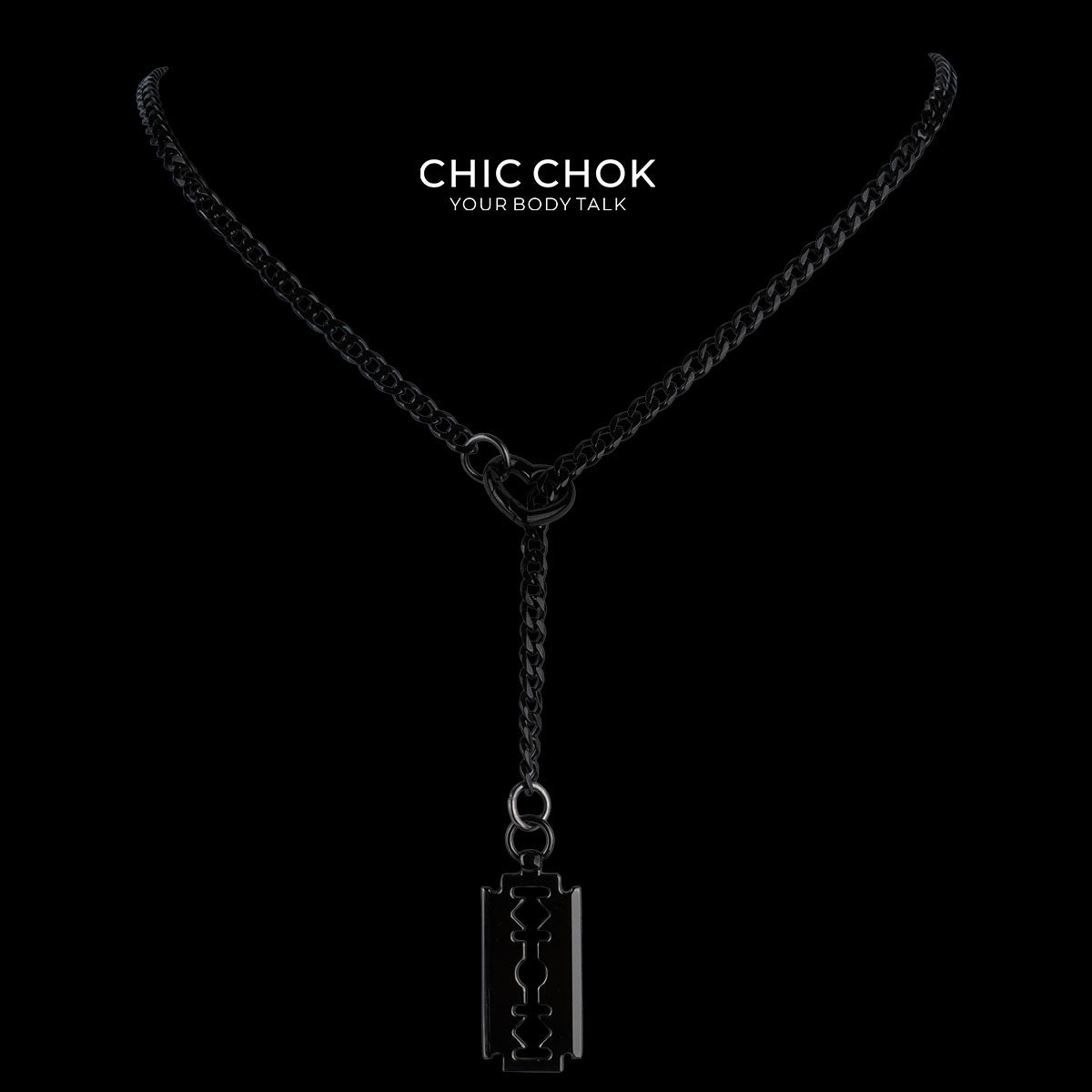 CHICCHOK "Nightbound Sequence" Black Stainless Steel Y-Necklace | Gothic Heart Carabiner & Multi-Pendant Drop Chain | Dark Grunge Y2K Streetwear Jewelry