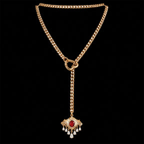 CHICCHOK Golden Silence | Layered Titanium Steel Y-Necklace | Red Crystal Heart Pendant