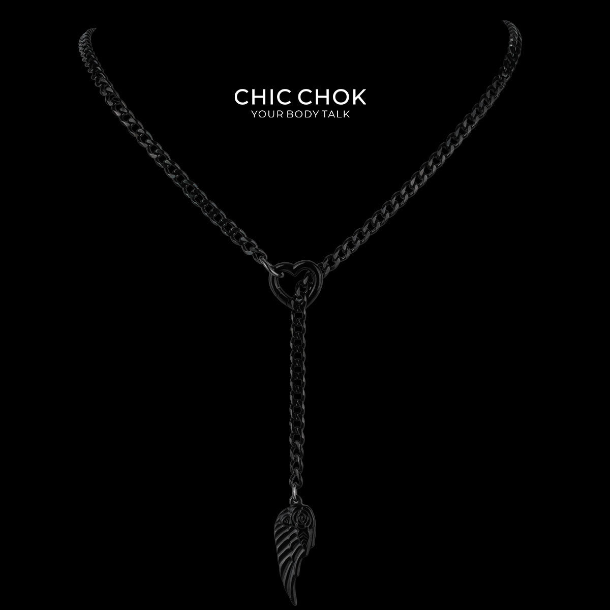 CHICCHOK "Nightbound Sequence" Black Stainless Steel Y-Necklace | Gothic Heart Carabiner & Multi-Pendant Drop Chain | Dark Grunge Y2K Streetwear Jewelry