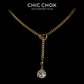 CHICCHOK Whispering Selene Y-Lariat Necklace | Gold Stainless Steel Heart Cuban Link Chain | 12 Zodiac Mother-of-Pearl Rhinestone Moon Pendant Astrological Jewelry