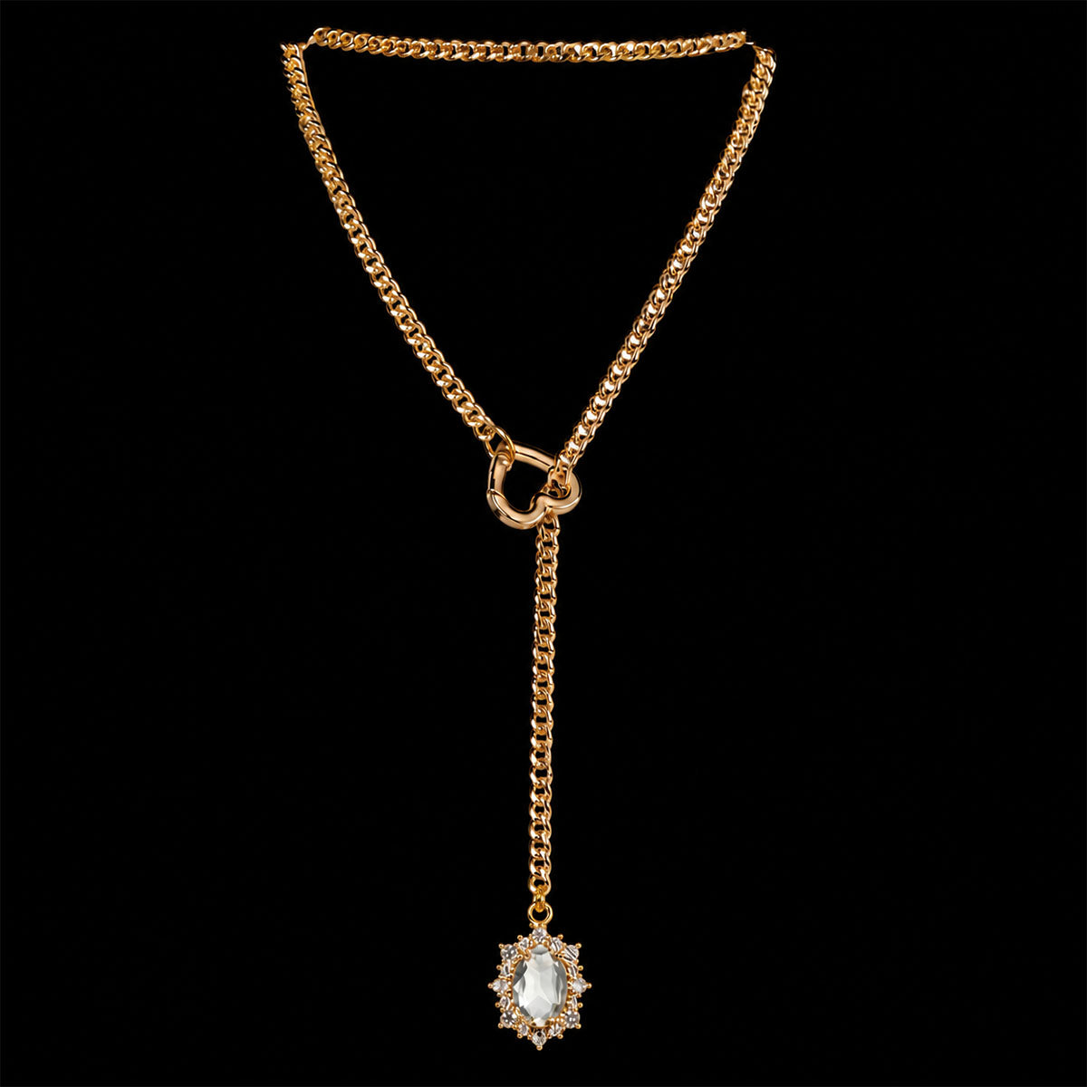 CHICCHOK Golden Silence | Layered Titanium Steel Y-Necklace | Red Crystal Heart Pendant