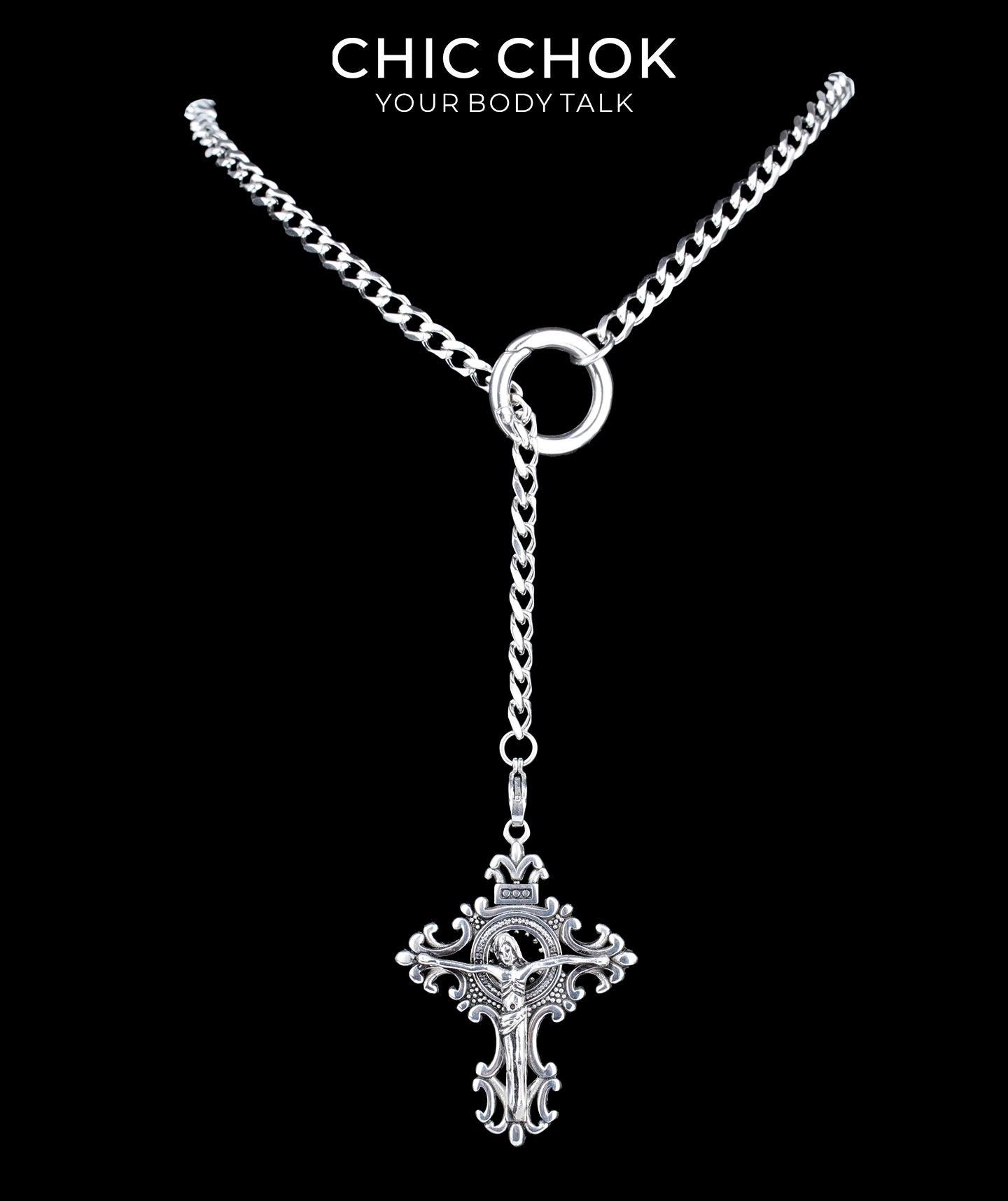 CHICCHOK Subversive Y-Lariat Chain Necklace | Gothic Stainless Steel Cuban Link Collar
