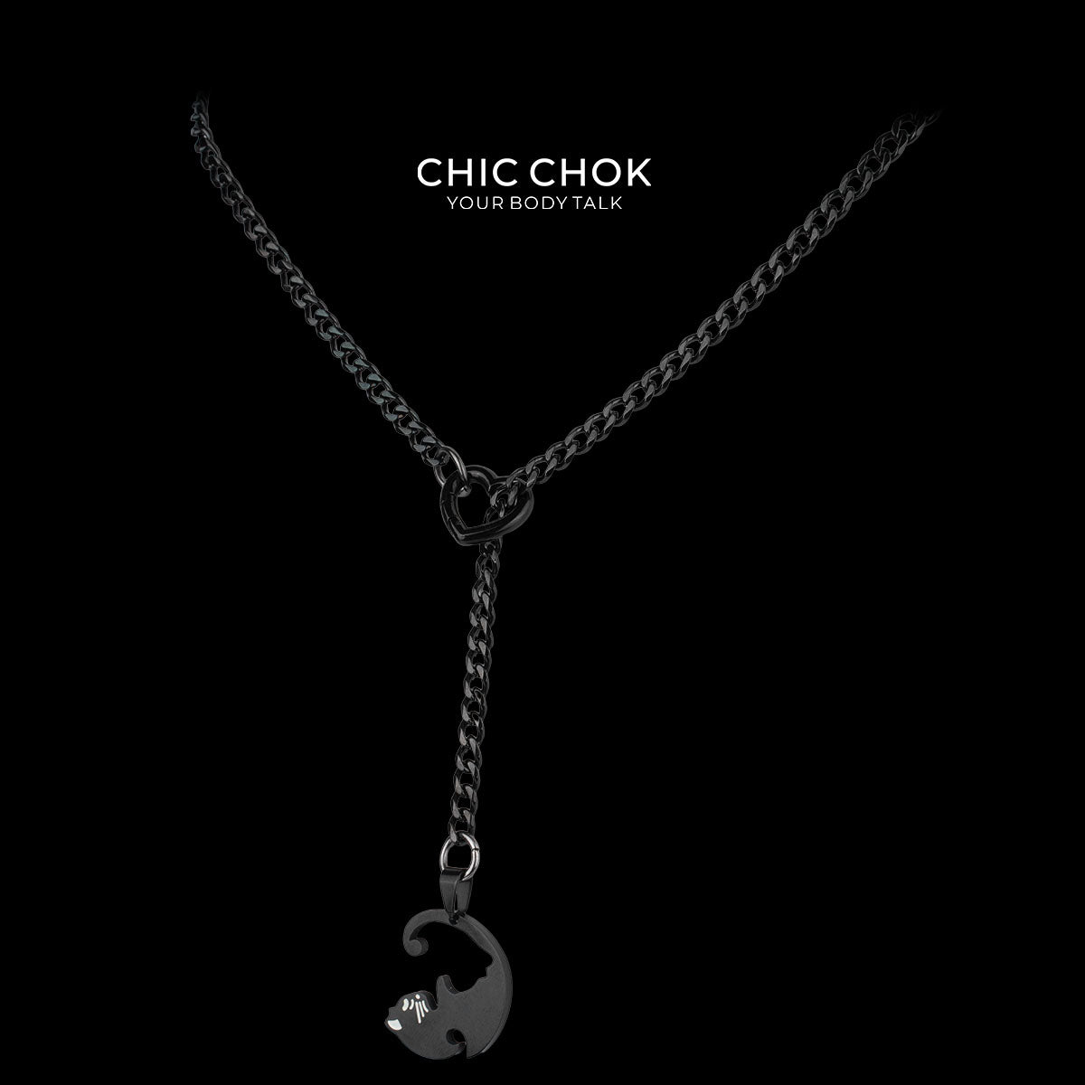CHICCHOK "Nightbound Sequence" Black Stainless Steel Y-Necklace | Gothic Heart Carabiner & Multi-Pendant Drop Chain | Dark Grunge Y2K Streetwear Jewelry