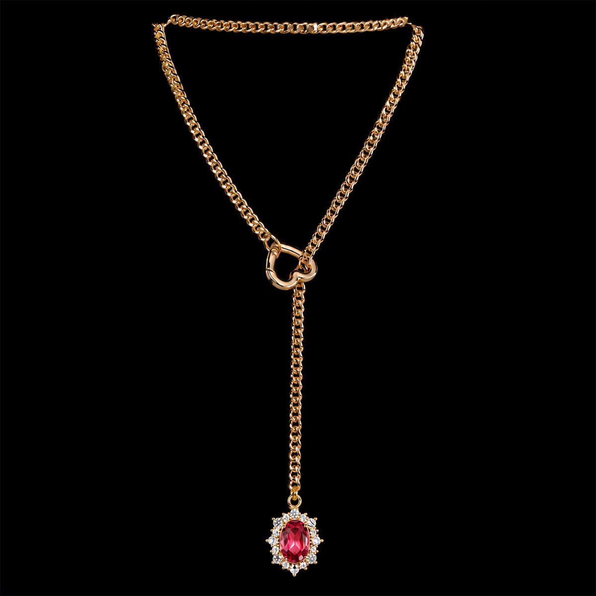 CHICCHOK Golden Silence | Layered Titanium Steel Y-Necklace | Red Crystal Heart Pendant