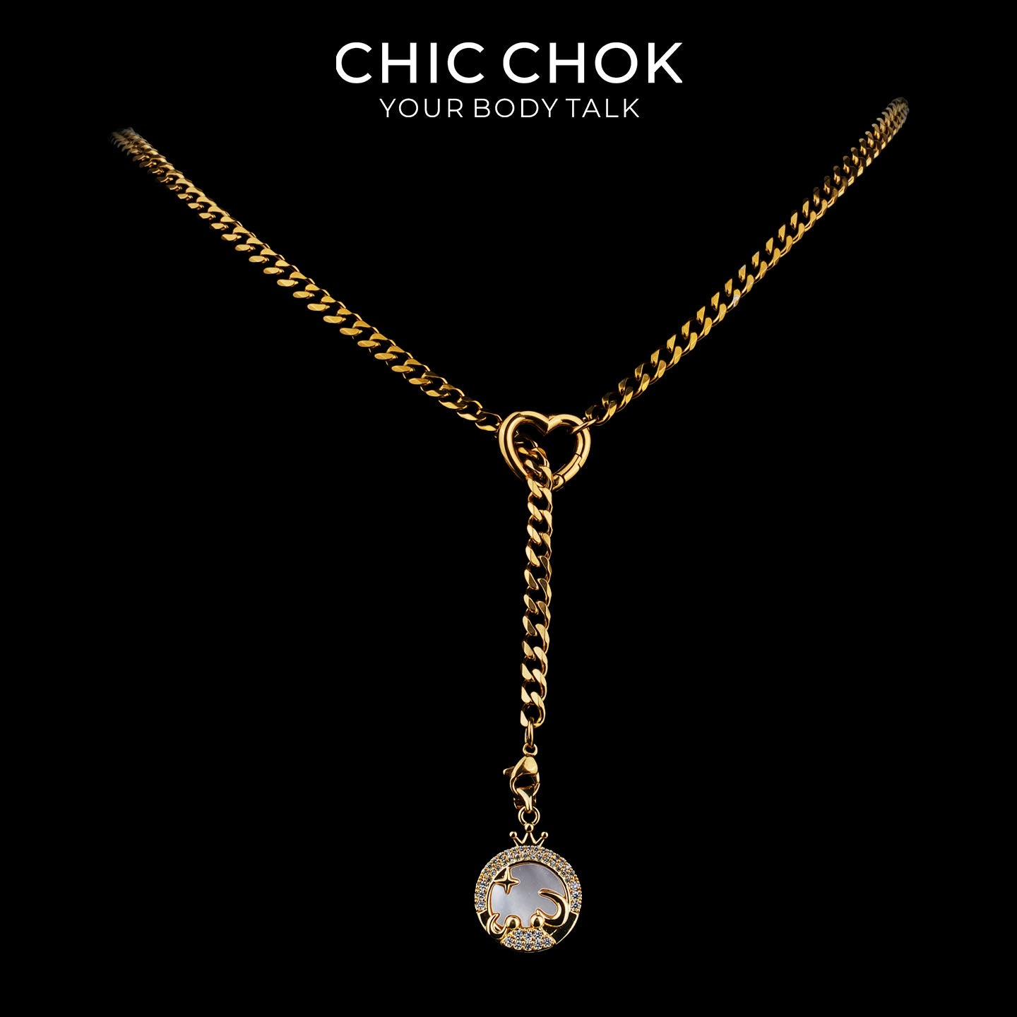 Collier cravate en Y Whispering Selene CHICCHOK | Chaîne dorée à maillons cubains en acier inoxydable avec cœur | Pendentif lune astrologique en nacre et strass décliné en 12 signes du zodiaque