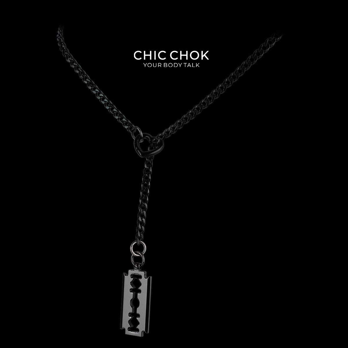 CHICCHOK "Nightbound Sequence" Black Stainless Steel Y-Necklace | Gothic Heart Carabiner & Multi-Pendant Drop Chain | Dark Grunge Y2K Streetwear Jewelry