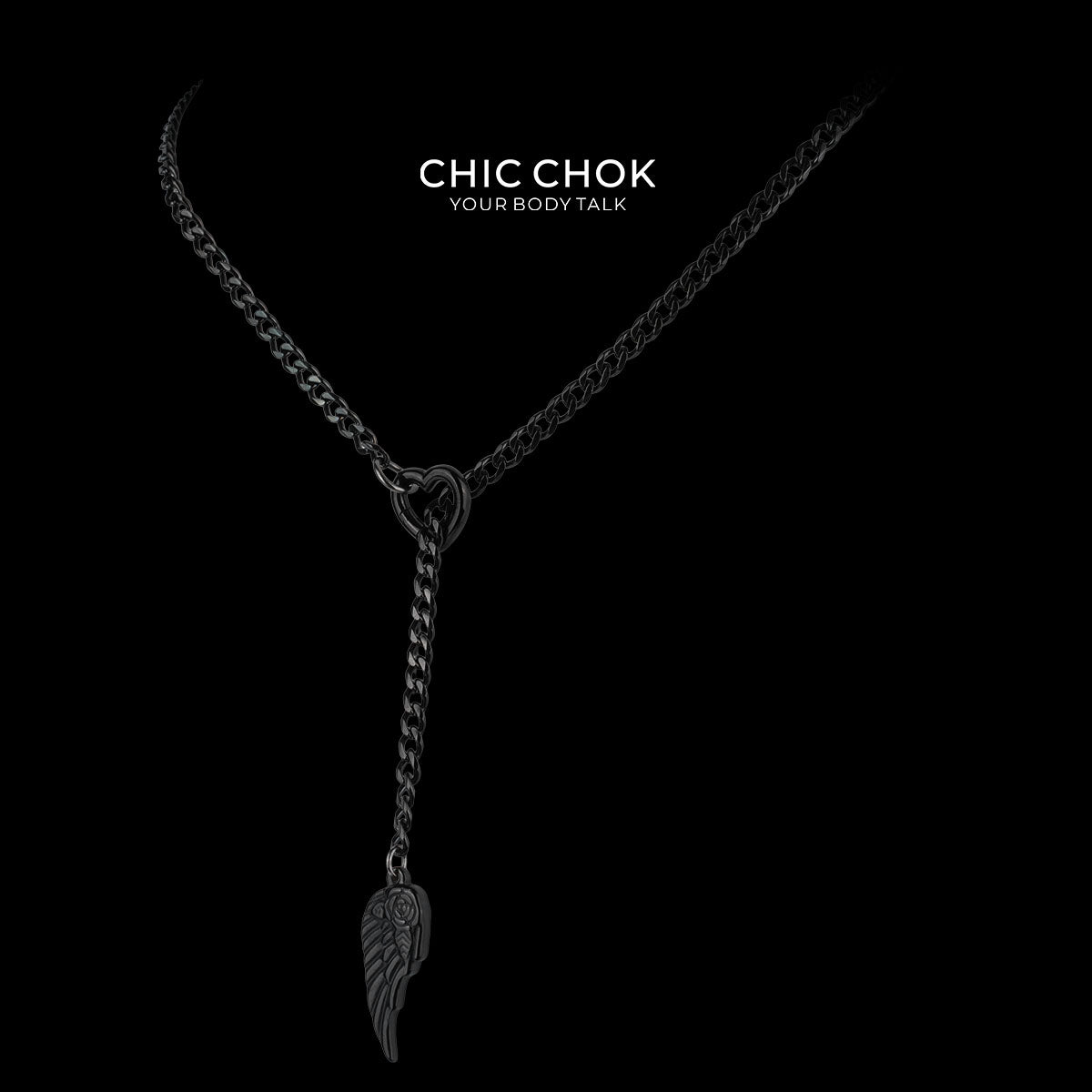 CHICCHOK "Nightbound Sequence" Black Stainless Steel Y-Necklace | Gothic Heart Carabiner & Multi-Pendant Drop Chain | Dark Grunge Y2K Streetwear Jewelry
