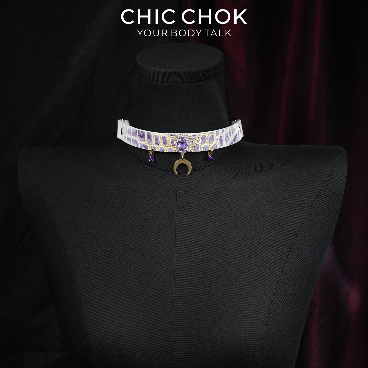 CHICCHOK Tidal Suffocation Genuine Leather Choker | Gothic Purple Zircon Crescent Moon Collar | Luxury Witchcore Cyberpunk Body Armor