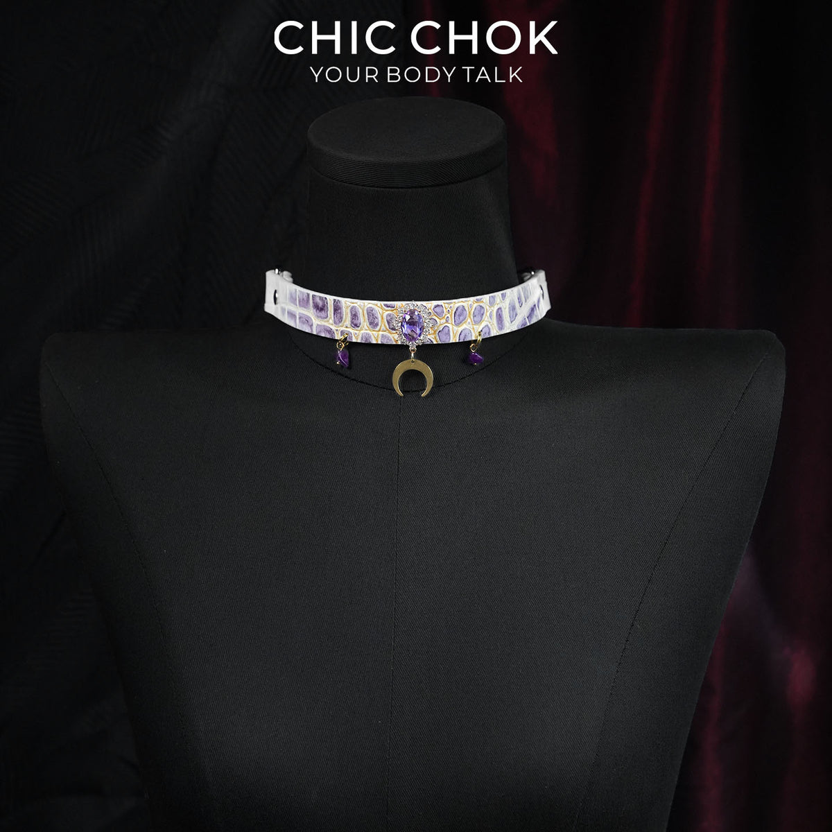CHICCHOK Tidal Suffocation Genuine Leather Choker | Gothic Purple Zircon Crescent Moon Collar | Luxury Witchcore Cyberpunk Body Armor